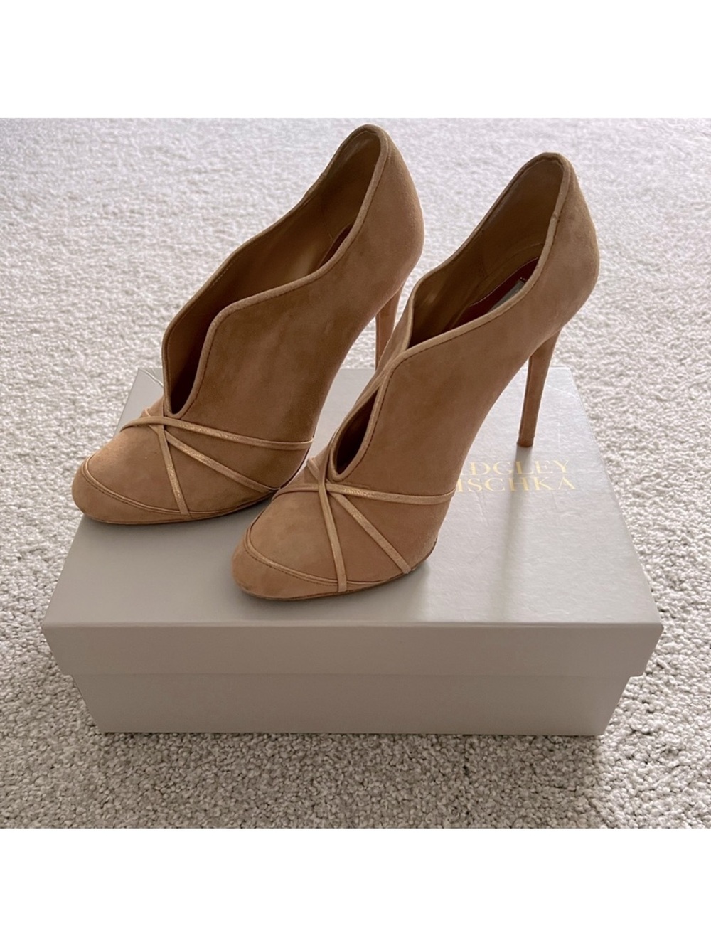 Badgley Mischka Tan Suede Sculpted V-Cut Stiletto Booties